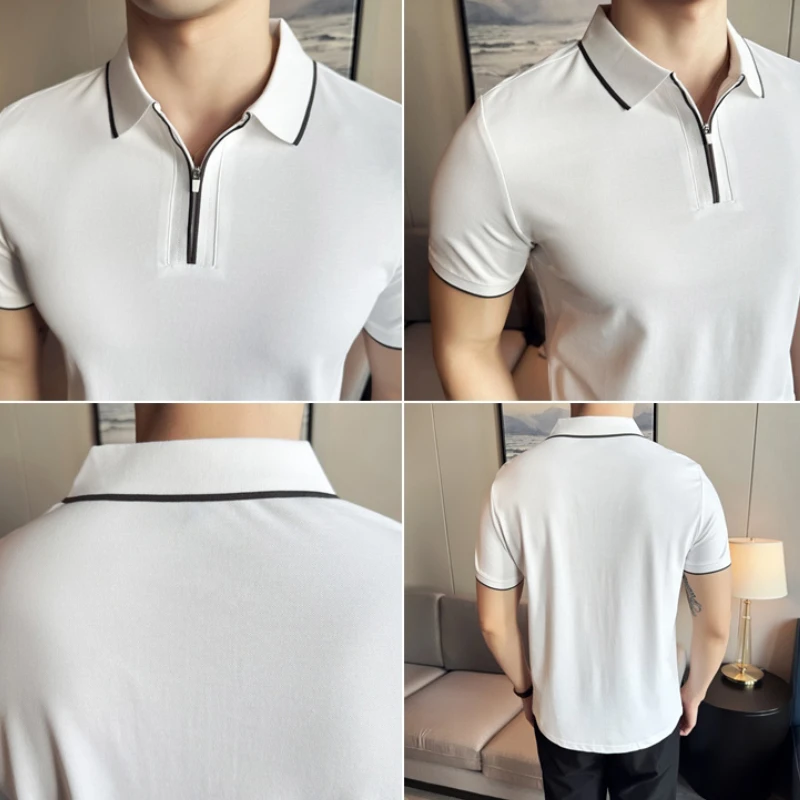 Summer Fashion Color Blocking Half Zip Polo Shirt for Men Short Sleeved Lapel T-shirt Casual Business Polo Tee Tops White Black