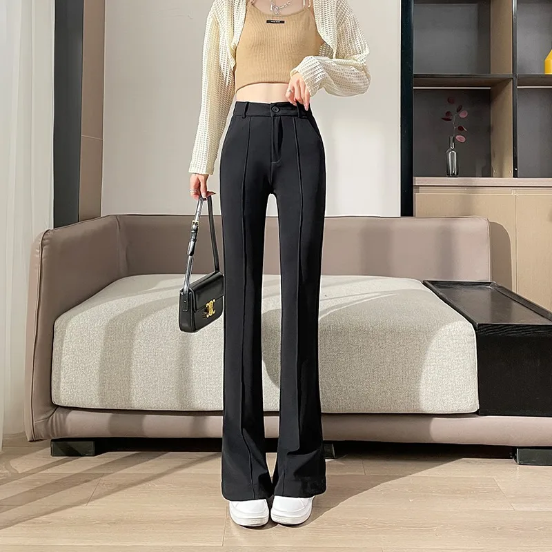 Women High Waist Flare Suit Pants Black Vertical Pleated Loose Bootcut Trousers Spring Autumn Casual Office Pants