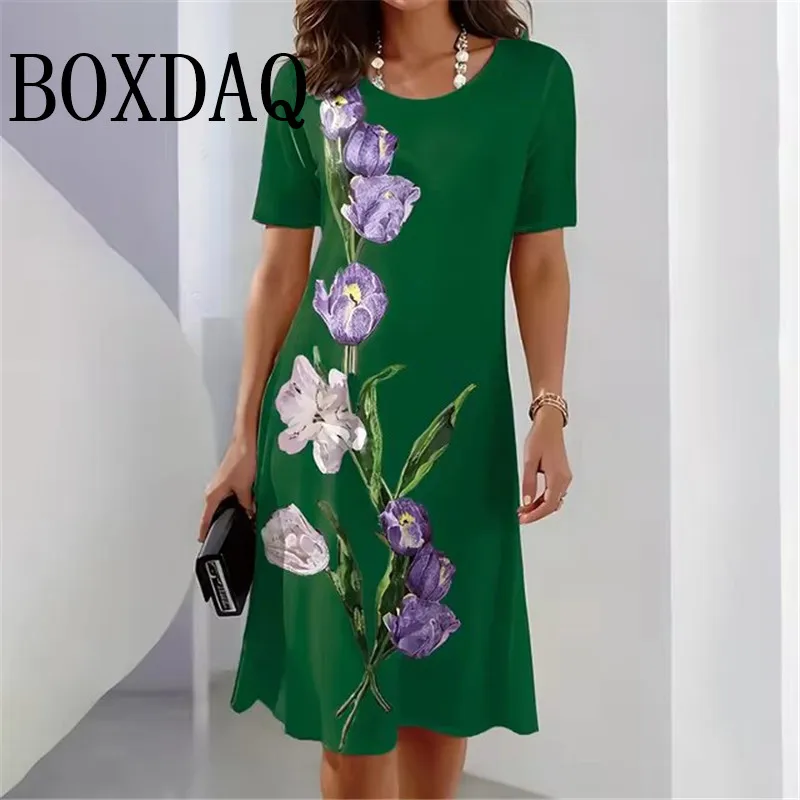 New Women's Dresses 3D Flower Printing Summer Vintage Casual Short Sleeve Dresses Fashion Loose Sundress Retro Pullover Clothing