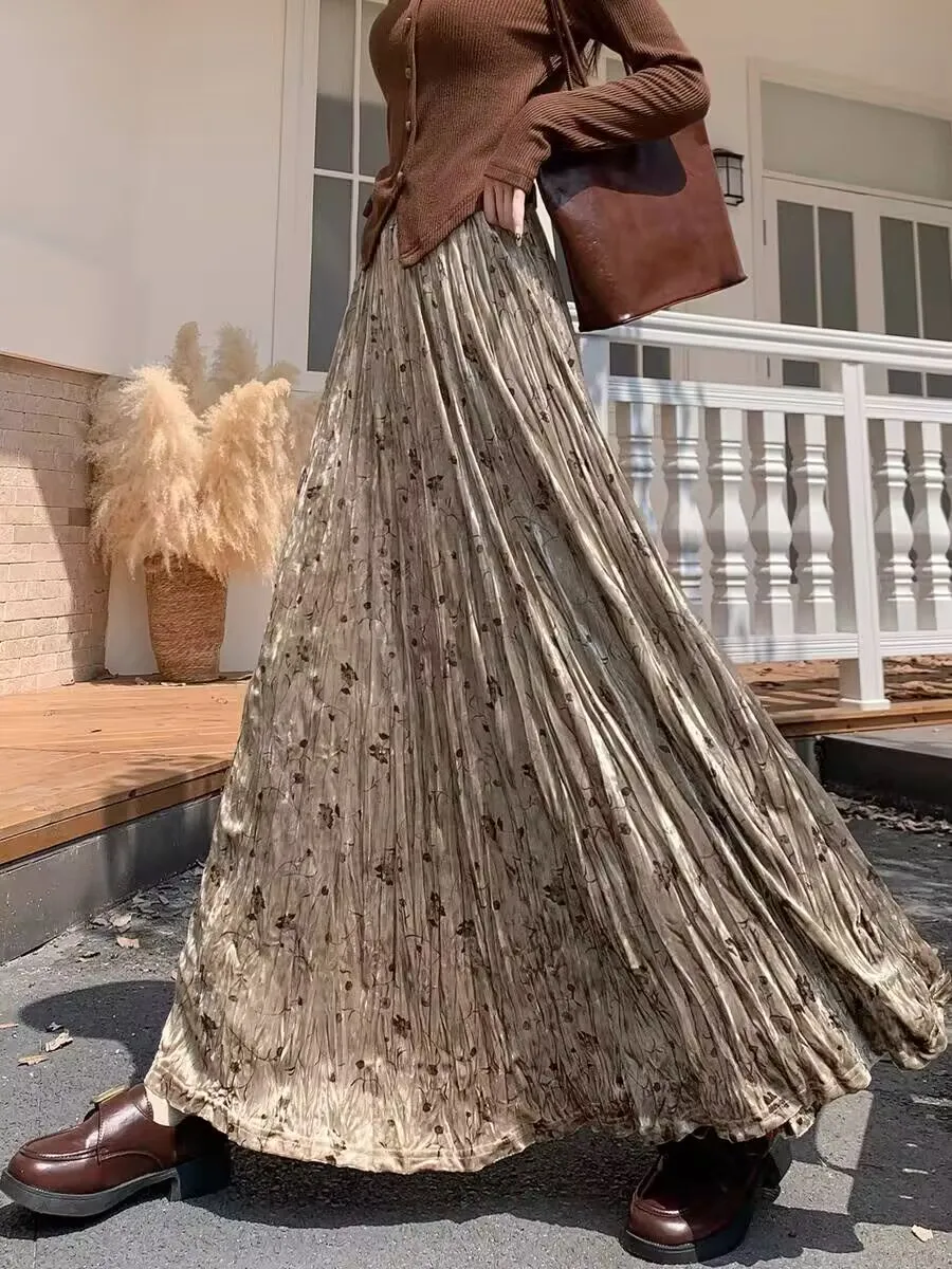 

Корейская версия, осенне-зимняя эластичная талия, драпированная длина миди, винтажная золотая бархатная полуюбка с цветочным принтом, утягивающая юбка трапециевидной формы, фея