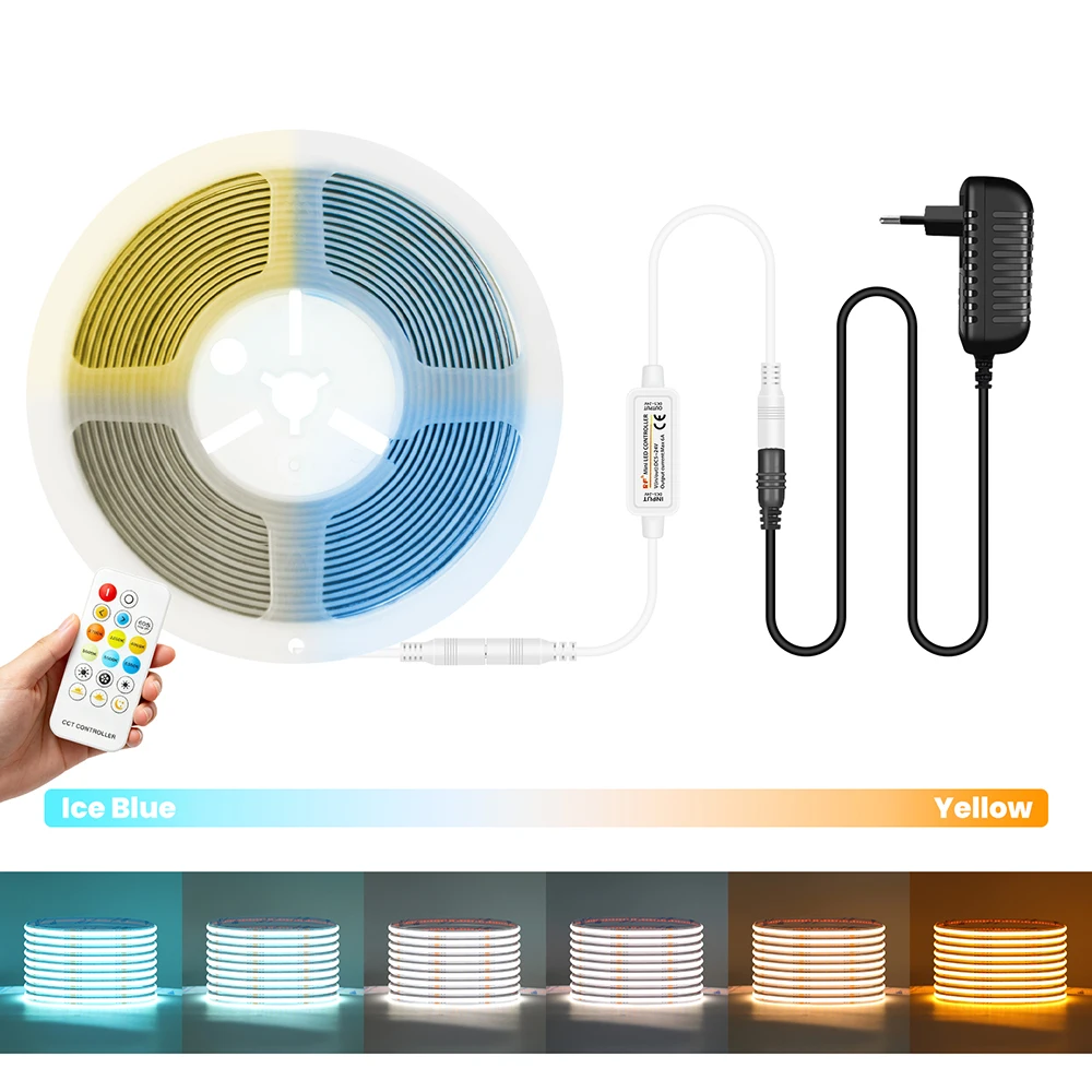 Super Bright COB LED Tape Light 480 LEDs CCT 2200K to 8000K Flex Strip Light 12 17 Keys RF Bluetooth Remote 24V Adapter Plug Kit