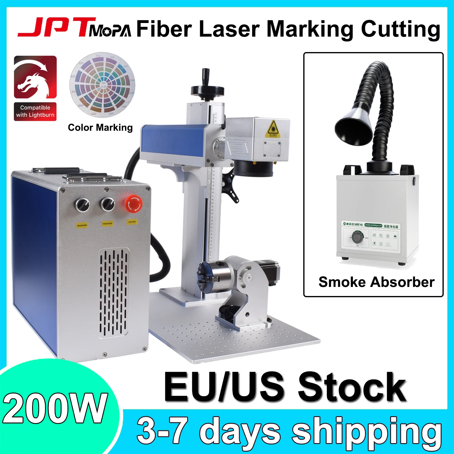 200W JPT Fiber Laser Marking Cutting Machine with 120W Laser Smoke Absorber Fume Extractor Purifier Jewelry Laser Engraver Metal