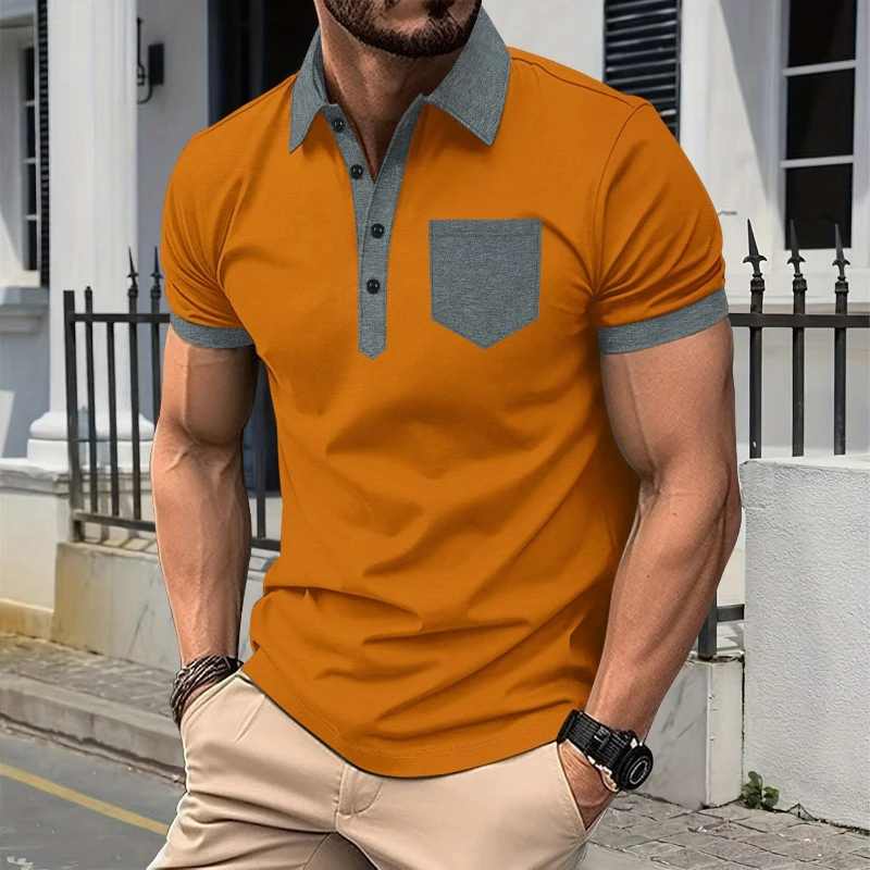

2025 New Cross-border Men's Casual POLO Shirt with Chest Pocket Lapel Button Color Block T-shirt Top
