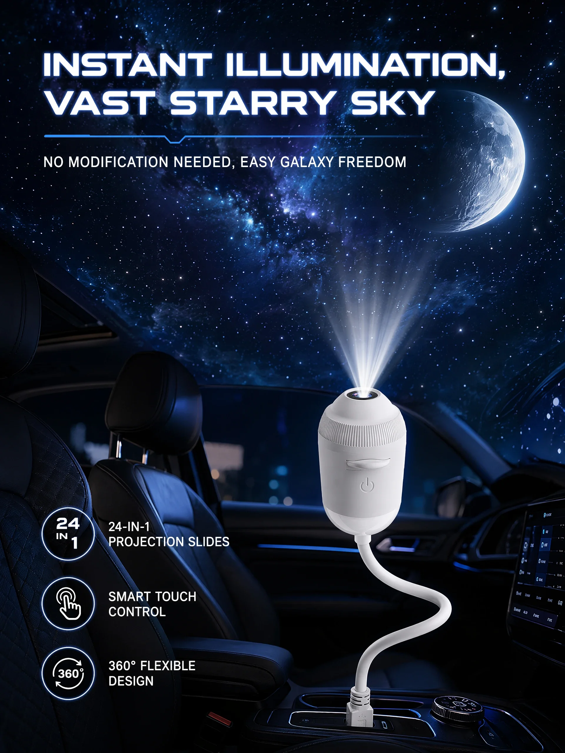 USB-Sternenprojektor-Licht 24-in-1 mit Touch-Steuerung, flexibler Schlauch, Auto-Dach-Galaxie-Nachtlicht für Schlafzimmer, Auto-Atmosphärenlampe – Detail 10