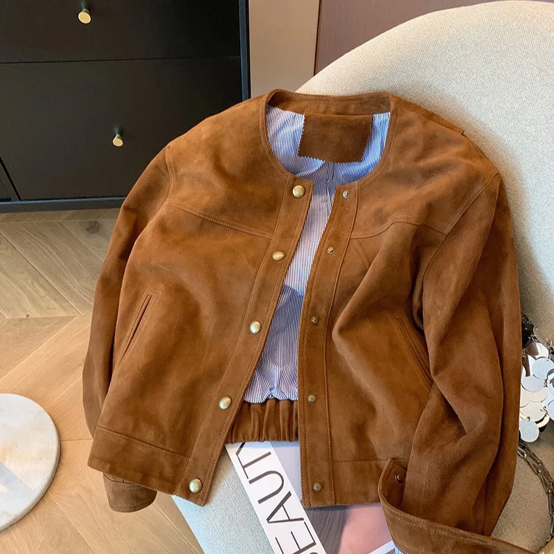 

Retro Brown Suede Jacket Women Spring Autumn 2025 Meilad Loose Casual Short locomotive Outwear Simple O-neck Long Sleeved Top