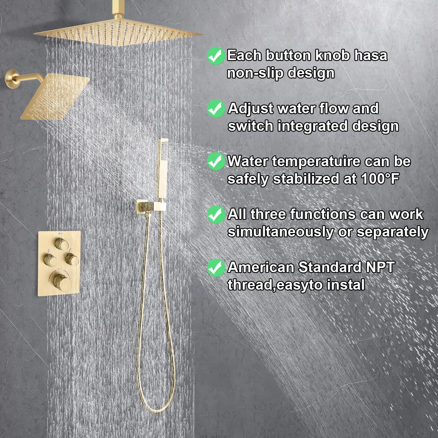 Brushed Gold Brass Wall Mounted Dual Shower Heads Rainfall 3 Way Thermostatic Rain Bathroom Bath & Shower Faucet system set