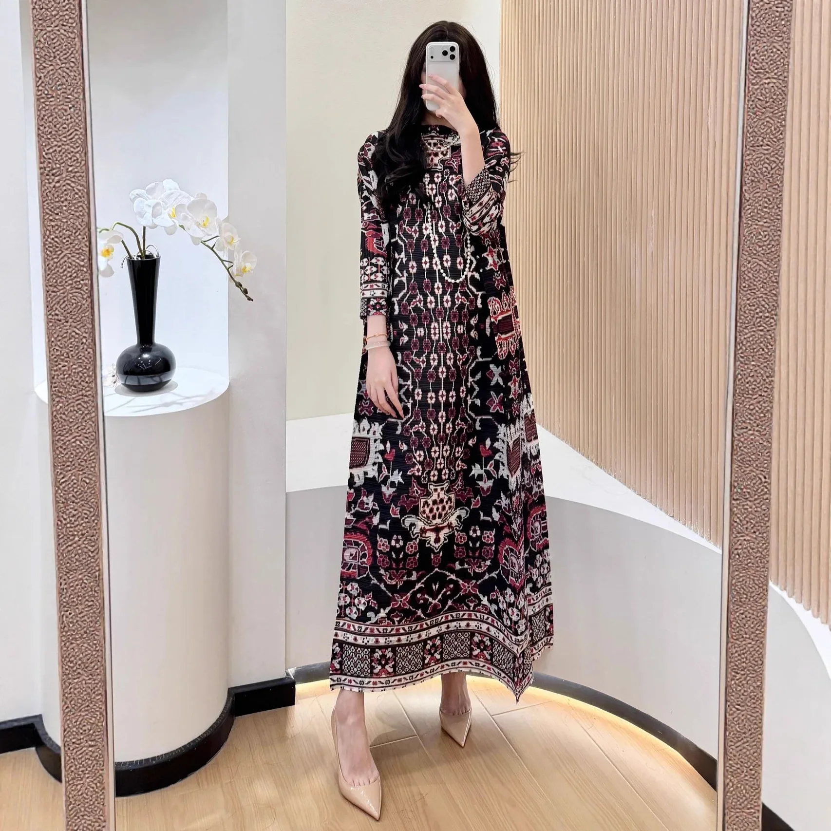 KAF Ethno-Druck-Maxikleid, Vintage-inspiriertes Langarm-Boho-Kleid für Damen, perfekte böhmische Freizeitstile, grenzüberschreitende Mode