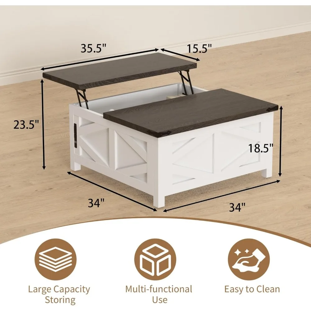 طاولة قهوة قابلة للرفع مع منافذ وشحن USB، وطاولة مركزية حديثة للمزرعة مع مساحة تخزين مخفية للشقة وغرفة المعيشة،
