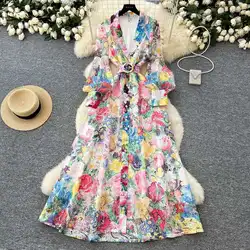 Luxury Elegant Embroidery Fancy Flower Lace Evening Maxi Dresses Women Spring Summer Single Breasted Printed Party Dress Shirt