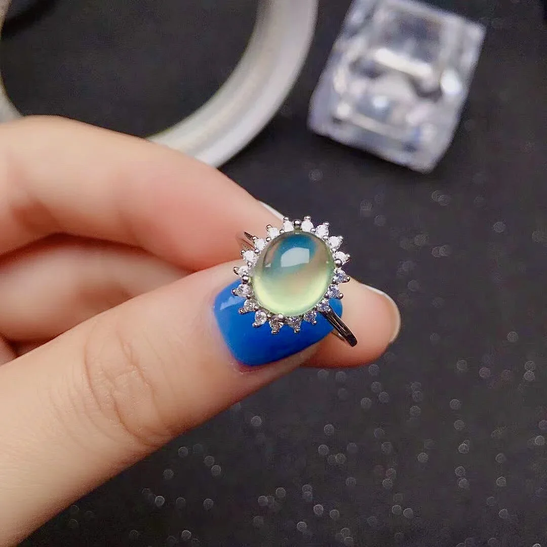 Classic Prehnite Silver Ring for Daily Wear 7mm*9mm Natural Prehnite Ring Solid 925 Silver Prehnite Jewelry