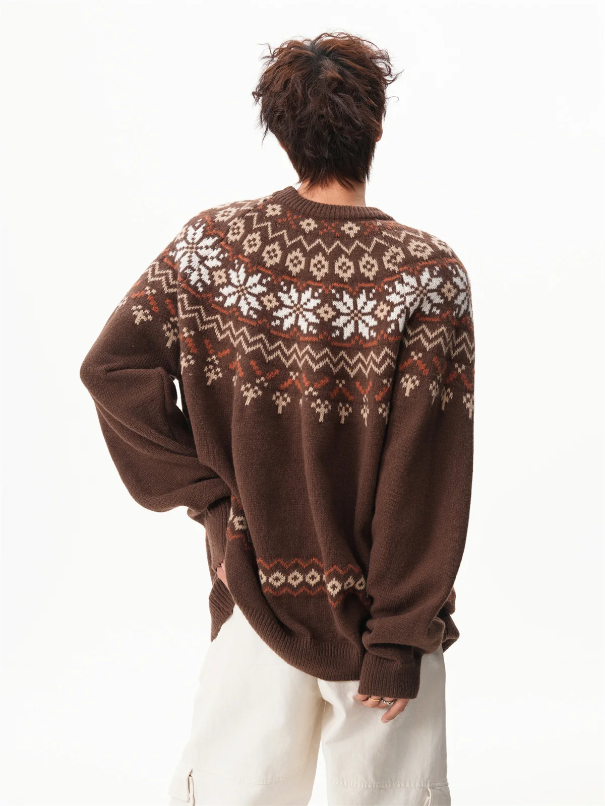 Autumn Winter New American Style Red Warm Round Neck Sweater Men's Retro Atmosphere Loose Casual Brown Knitted Sweater