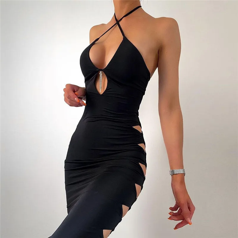 Summer new design sense WOMEN'S clothing soft slim fit halter cut-out low cut Internet celebrity club sexy hot girl dress fashio