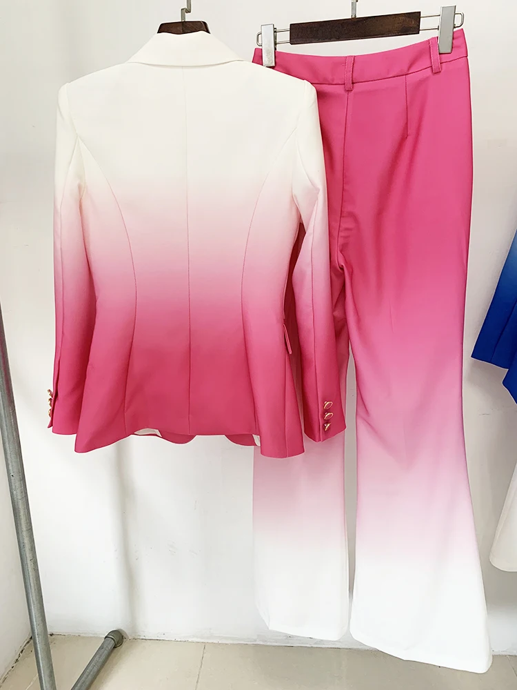 HIGH STREET Newest Fashion 2026 Designer Suit Set Women's Gradient Color Printed Single Button Blazer Flare Pants Suit 2pcs