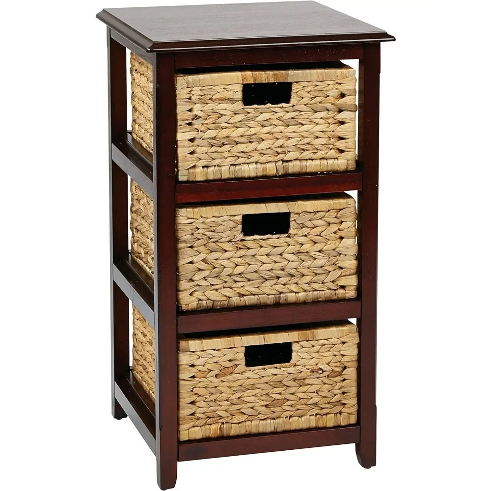 Storage Tower With Solid Wood Frame and Natural Baskets Bedside Tables 3-Drawer Espresso Finish Bedroom Furniture Home