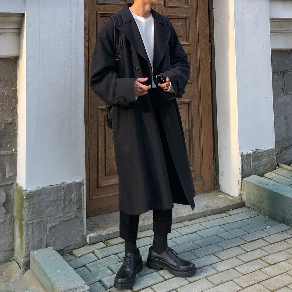 

Spring Autumn Men's Loose oulder Length Coat Korean Sle Long over Knee Faionable Casual Outerwear Youth Trendy Jaet