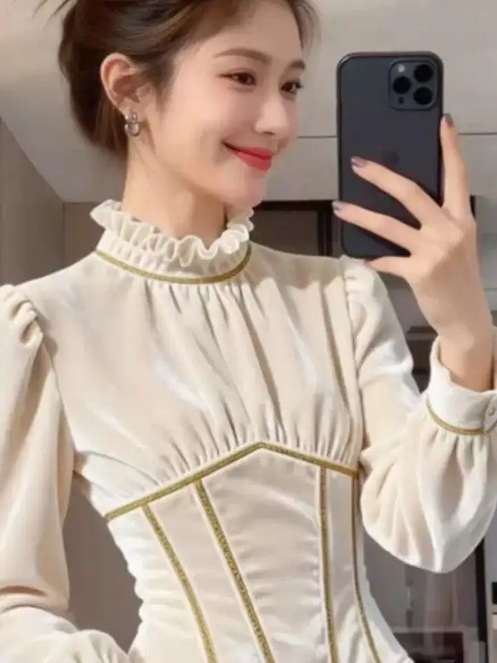 

Ele Velvet irt Women's Faionable Stand Collar Earlet Lightweight Luxury Anti-Aging irt Slim Fit Long Sve ort L...