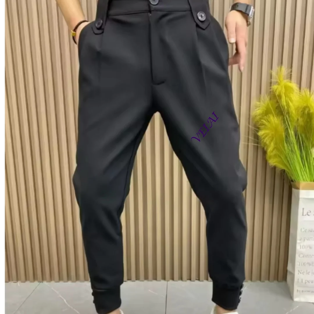 Customized Slim Fit Plus Big Size Tressed Men's Summer Pants Cropped Male Suit Trousers Korean Style Clothes Slacks  Forma