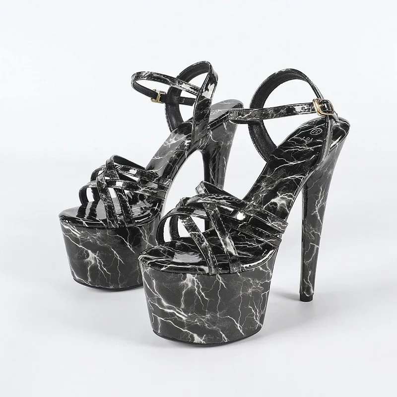 Aneikeh Print Patent Platform High Heel Sandals Crisscross Straps Ankle Buckle Stiletto Heels Ladies Nightclub Party Dress Shoes
