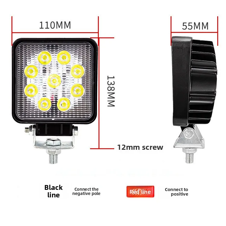 9-LED 27W Square Off-Road Light Bar - Waterproof Fog Lamp for Truck Tractor SUV, Durable Bumper Work Light