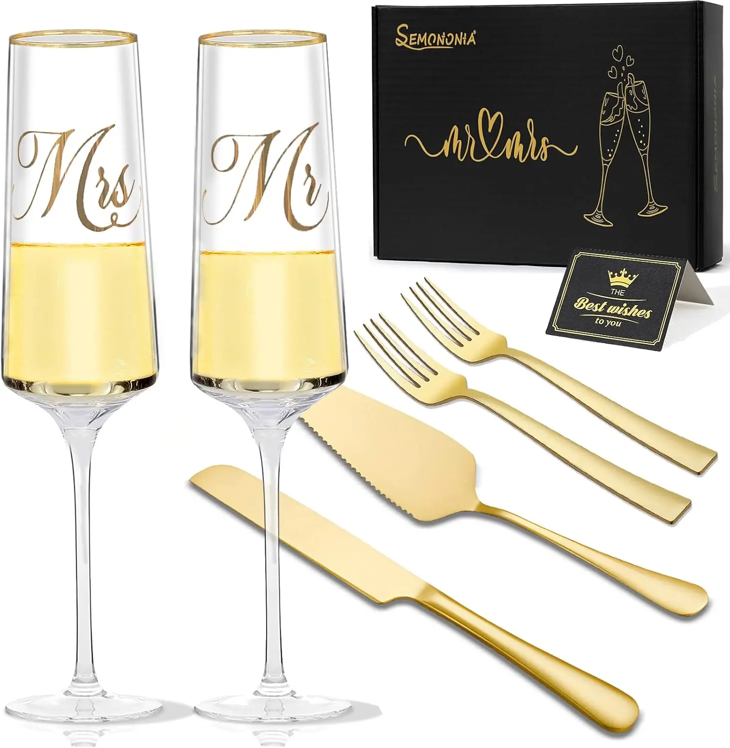 

Mr & Mrs Champagne Flutes Set of 6, Wedding Cake Knife & Server, Bridal Shower Gift for Newlyweds