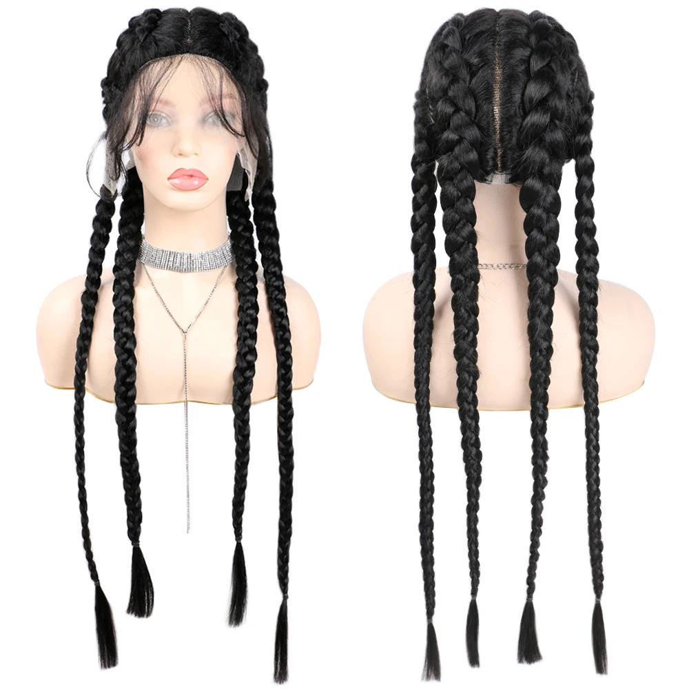 Synthetic 32 Inch Long Box Braaid Lace Front Wig Heat Resistant Handmade 4 Braids Replacement Wig For Women Daily Use