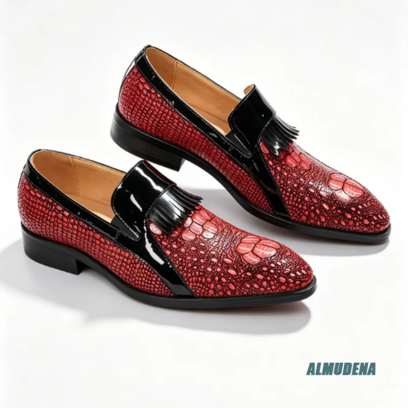 Trendy Bright Red Men Tassel Dress Shoes Scale Textured Leather Splice Slip On Pointed Toe Banquet Wedding Party Formal Loafers
