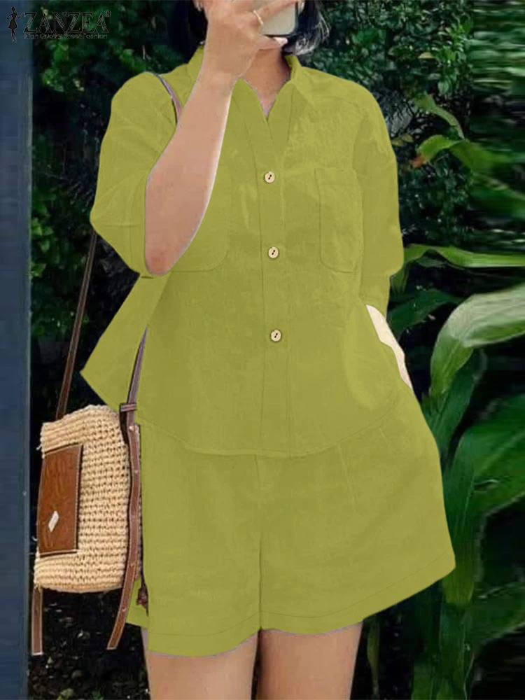 ZANZEA-Conjunto de 2 piezas de verano para mujer, camisas informales con cuello de manga 3/4, pantalones cortos de cintura elástica, trajes de 2 uds, conjuntos cortos sólidos para todos los días