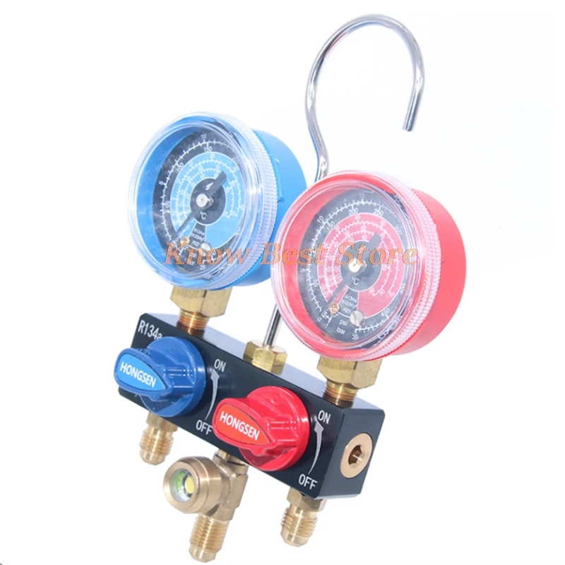Set Pengukur Manifold Refrigeran AC Hongsen HS-M01 M01-134-A, Pengukur Fluorida Refrigeran untuk R134A R22