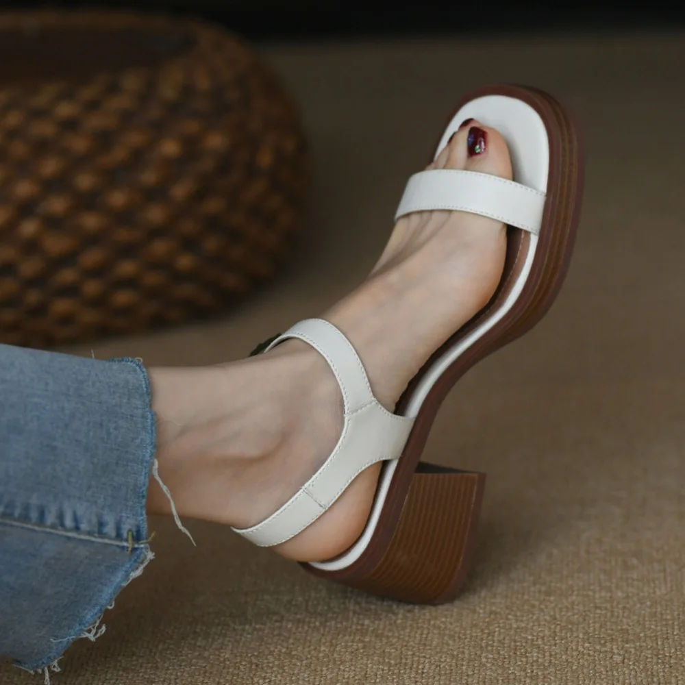 

Women Sandals Summer Real Soft Leather Thick Heel Vintage Brown Sandals Women Cross One Line Strap High Heels Mary Jane Shoes