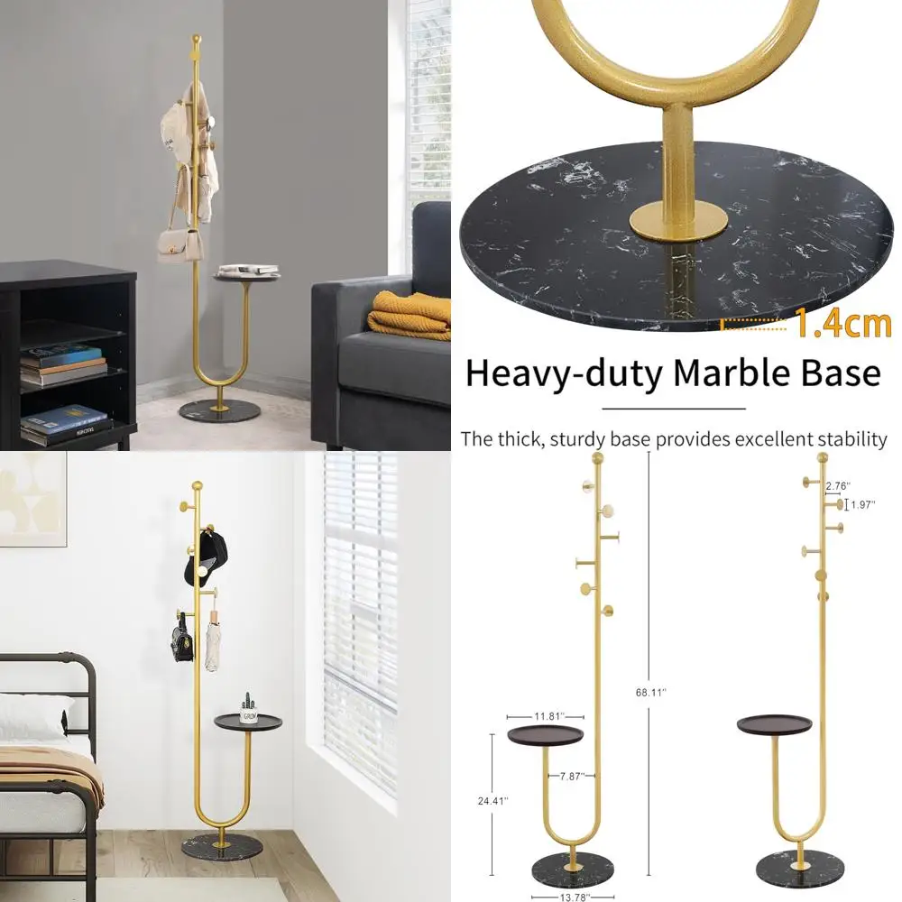 

Heavy-Duty Metal Coat Tree with Bamboo Tray, 6 Hooks, Marble Base for Corner Storage in Bedroom, Hallway, or Entryway