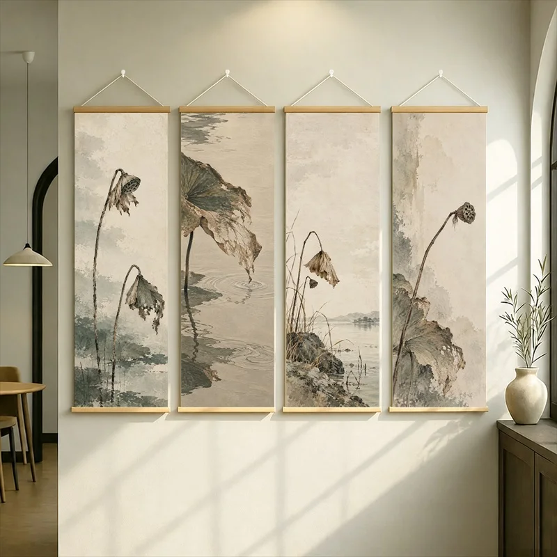 Lotus Pond Hanging Scroll with Seed Pods and Faded Leaves in a Muted Ink Wash Style for a Peaceful Tea Room Interior