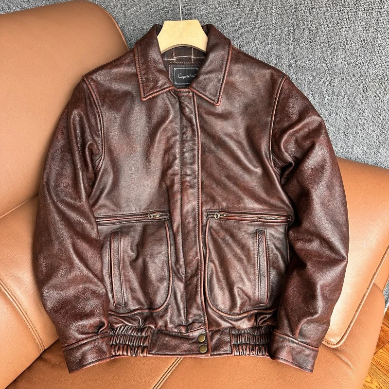 

Waed Stone inding Vintage Top Layer Cowhide Leather Jaet Loose Fit Casual Sle Zipper Closure ort Coat for Men