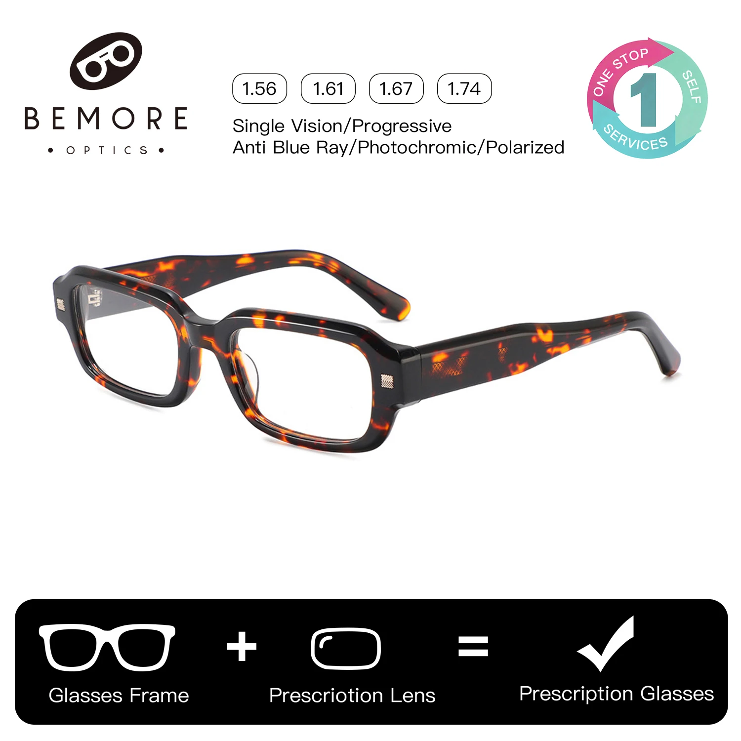 BEMORE Unisex Rectangle Ultralight Acetate Prescription Lenses and Frames Blue Light Blocking Photochromic Progressive Eyewear