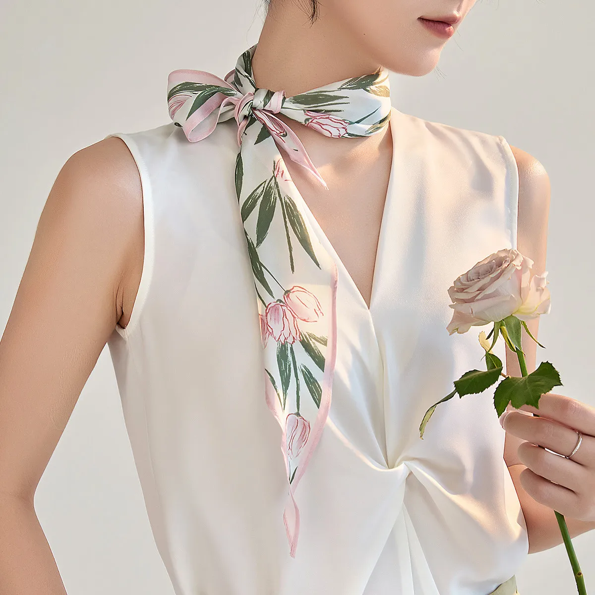 rose-print-silk-scarf-women's-fashionable-triangular-scarf-bag-accessory-headband-scarf-versatile-sharp-corner-scarf-for-women
