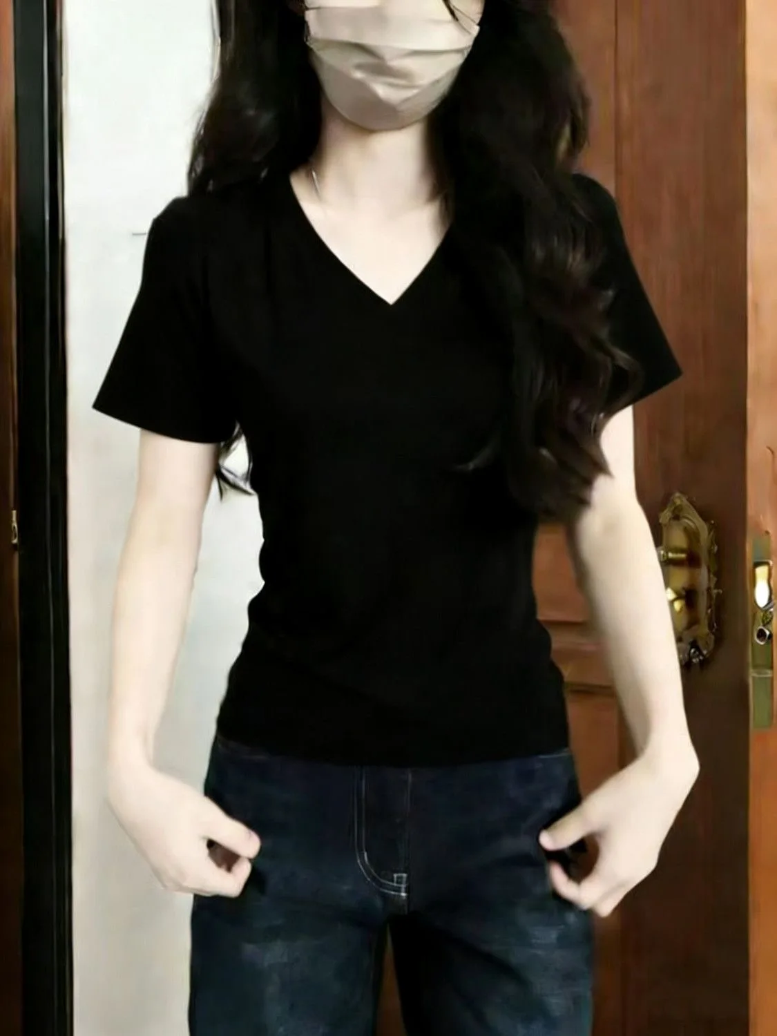

Summer Women's Slim Fit Short Sleeve T-Shirt V-Neck 95% Cotton Thin Elastic Casual Top for plus Size MM Comfortable Shirt