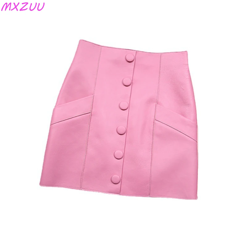 100% Leather Sexy Skirt Women High Waist Single Breasted Pocket A-line Jupe Short Mujer Sheepskin Gonne European Style Roupas