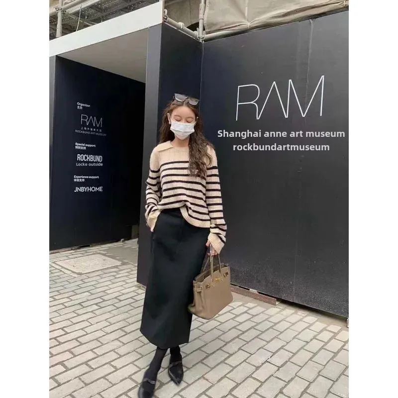 Pop Spring And Autumn High-Waisted Slimming Black A- Line Skirt With Side Slit Women's Fashionable Long Length Hip Covering