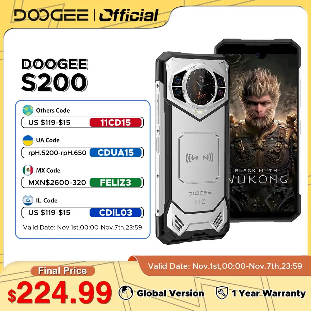 

DOOGEE S200 5G Rugged Phone 12GB RAM 256GB ROM 1.32" AMOLED Rear Display Dimensity 7050 100MP Camera 10100mAh Android 14 NFC