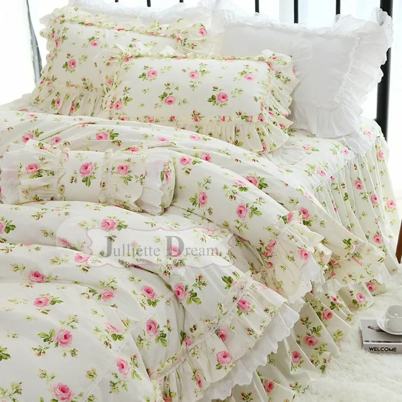 Fresh Rose Printed Bedding Set Rustic Duvet Cover Bedding Queen Bed Set Custom Bed Sheet Ruffle Lace Pillowcase Bed Clothes