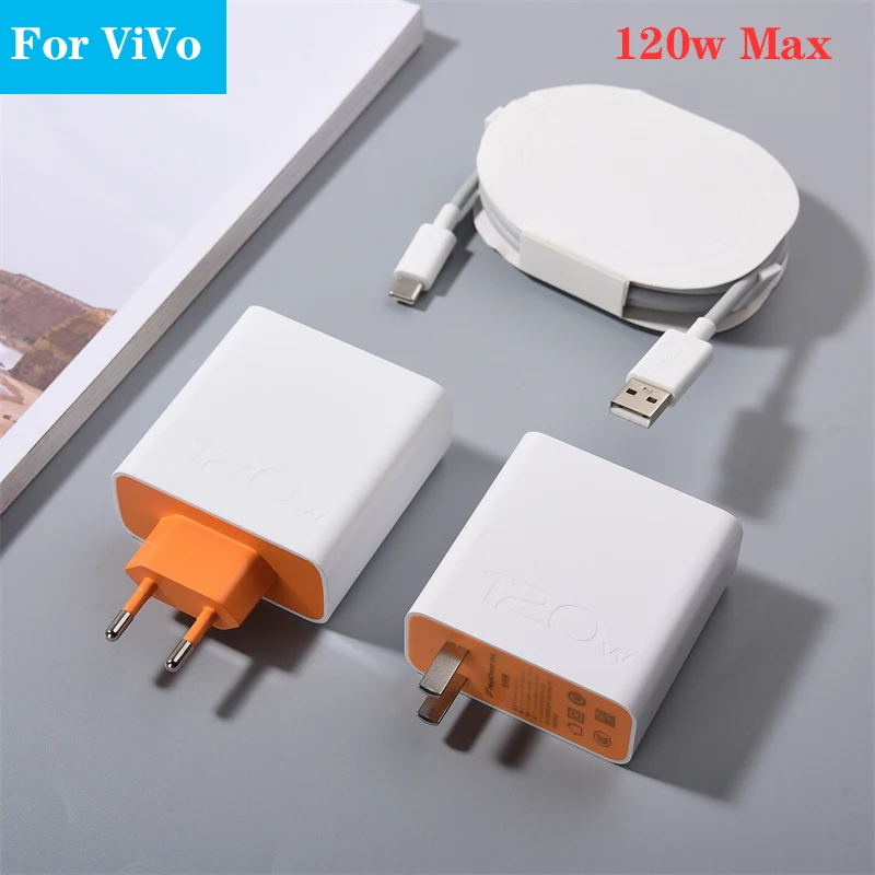 

Адаптер для быстрой зарядки 120 Вт Max EU US VIVO, вилка для быстрой зарядки для X300 X200 X100 Ultra V60 IQOO 10 9 8 7 6 Pro 1M Кабель USB C