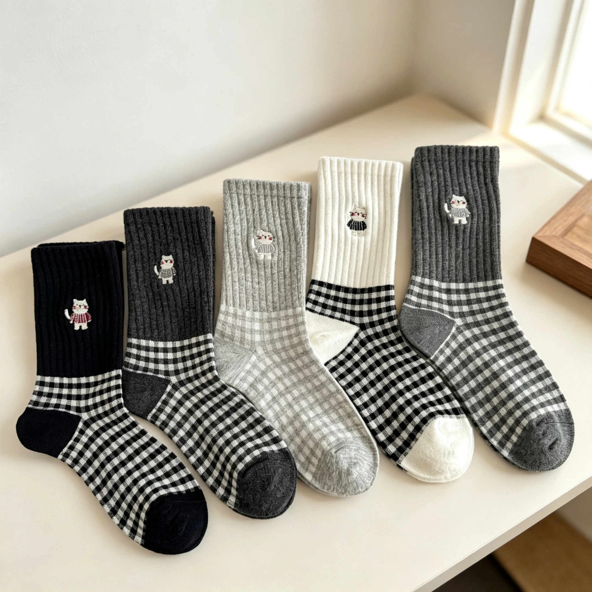 1-10Pairs Mid Calf Socks for Women Gray Black White Plaid Checkered Kawaii Cat Pattern Crew Socks Vintage School Daily Wear