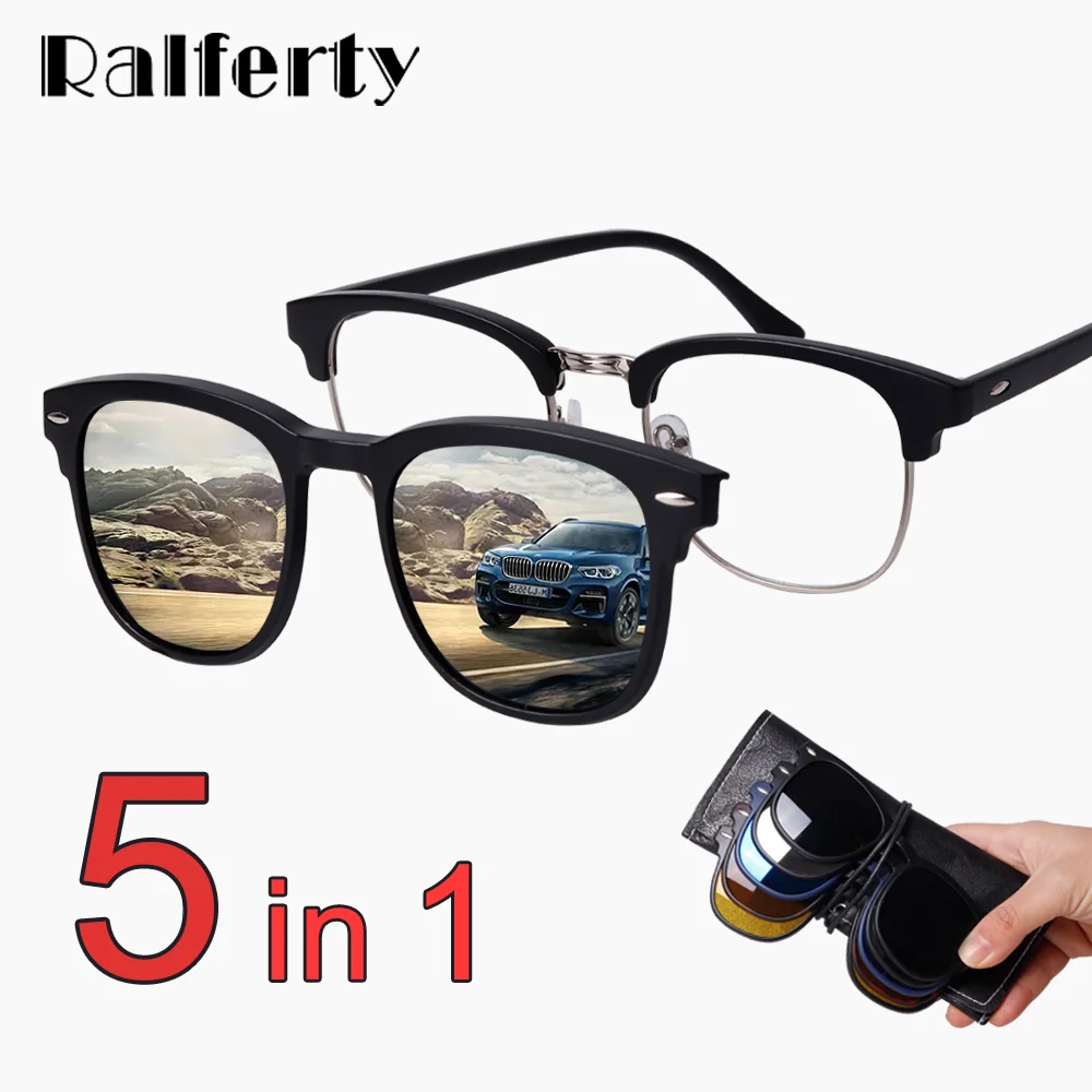 Ralferty Magnet Sunglasses Men Women 2025 Luxury Brand Male Polarized UV400 High Quality 5 in 1 Clip On Grade Glasses Frame