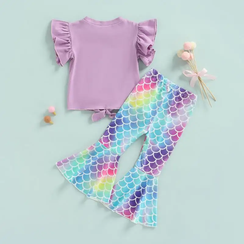 Summer Girls' New Shell Print Flying Sleeve Lace Up Top Fish Scale Trumpet Pants Halloween Mermaid Cosplay Two-Piece Set