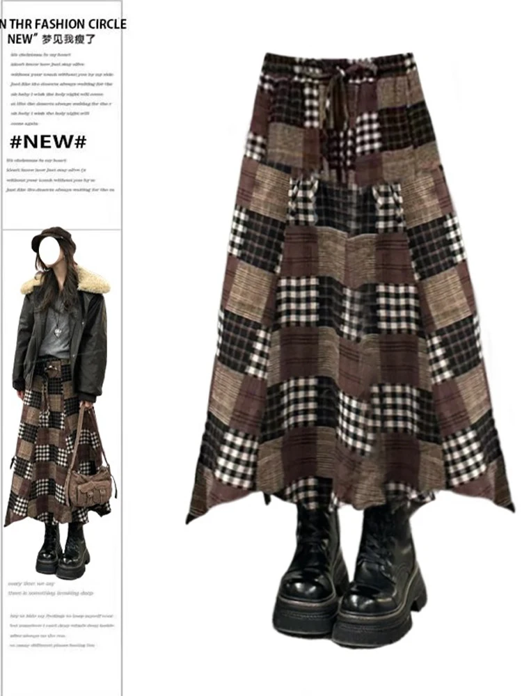 

Autumn Winter Women Vintage Plaid A-line Midi Skirt Harajuku Contrast Color 2000s Aesthetic Preppy Japanese Y2k High Street New