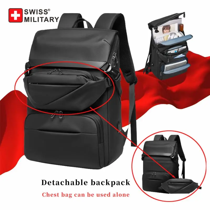 Swiss Business Detachable backpack Chest Bag Waterproof Computer Backpack for Travel Urban Men Crossbody Bag Mochilas Masculino