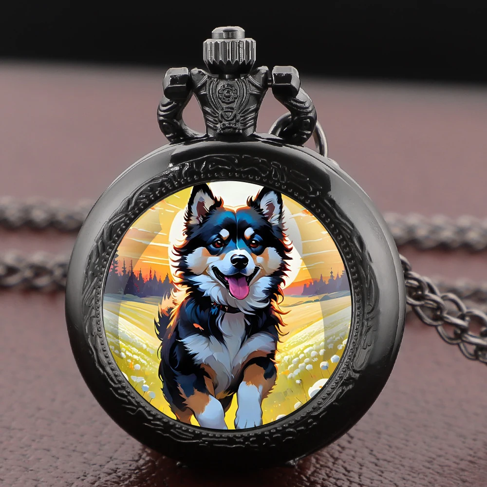 Reloj de bolsillo con perro de Alaska corriendo en un campo, moda Vintage para niños y niñas, collar Digital árabe, reloj colgante, regalos exquisitos