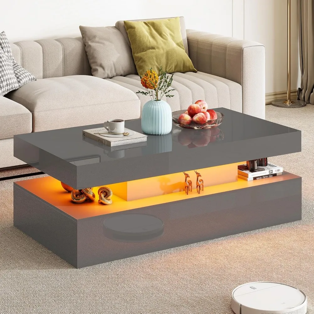 

High Gloss 2-Tier LED Coffee Table, 40" Modern Center Table with LED Lights, Open Storage Space, Minimalism Rectangular Sofa Si