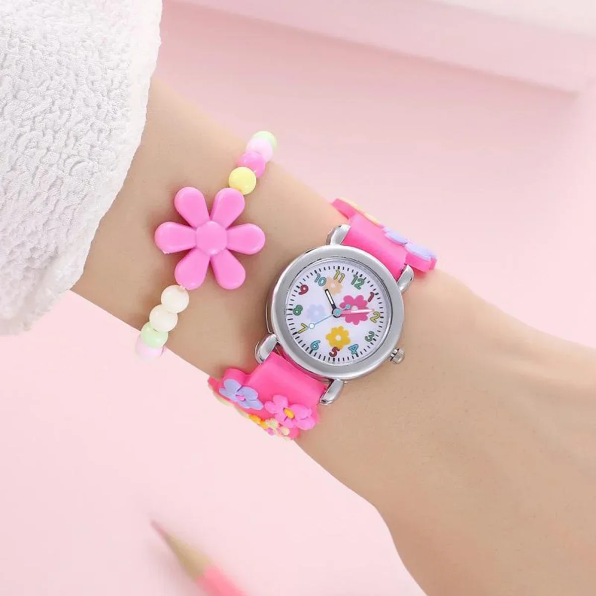 2025 New CHILDREN'S Watch Can Love 3D pattern Rainbow Flowers CHILDREN'S Quartz Watch Plastic Strap