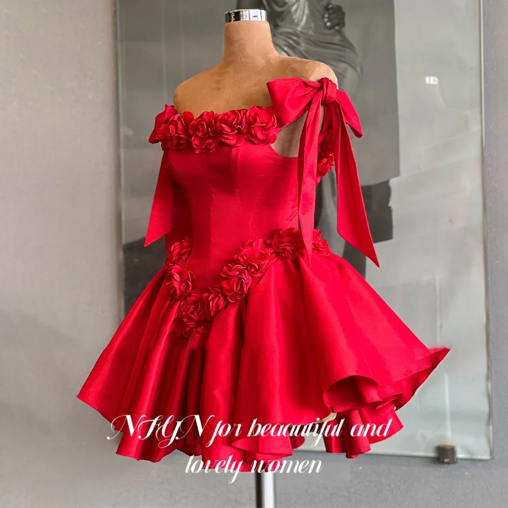 

NFYN Red Elegant Formal Gown Off the Shoulder Pleats Satin Night Dress with Bows 3D-Flowers Evening Dress robe soirée Customized