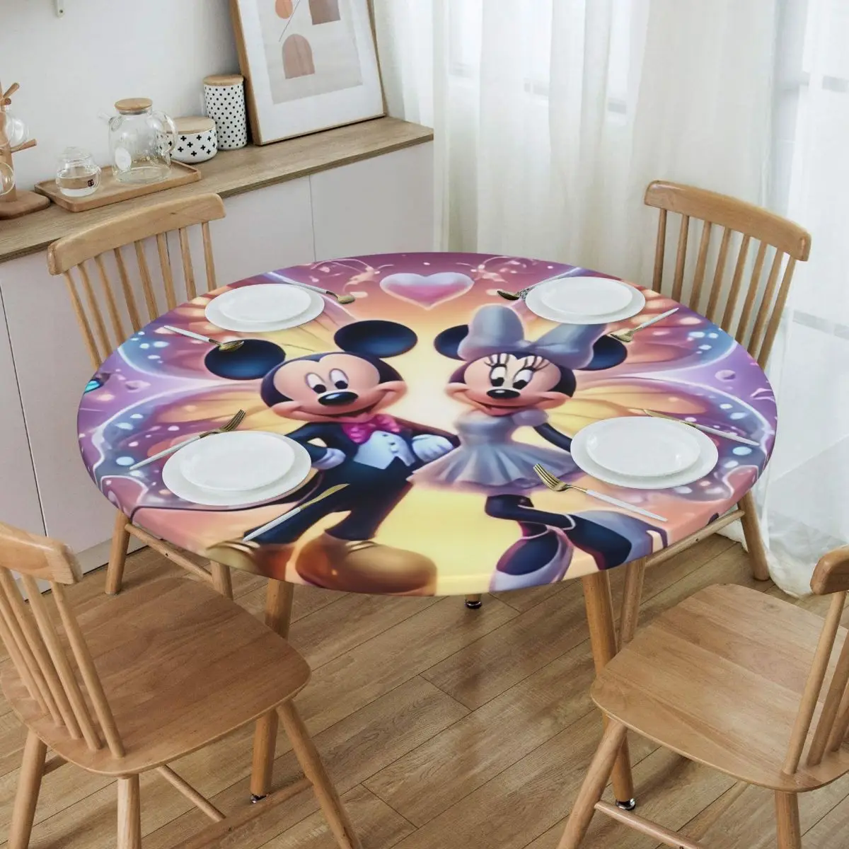 

Custom Round Disney Cartoon The Mickey Mouse Tablecloth Fit 45"-50" Elastic Edge Table Cloth Table Cover